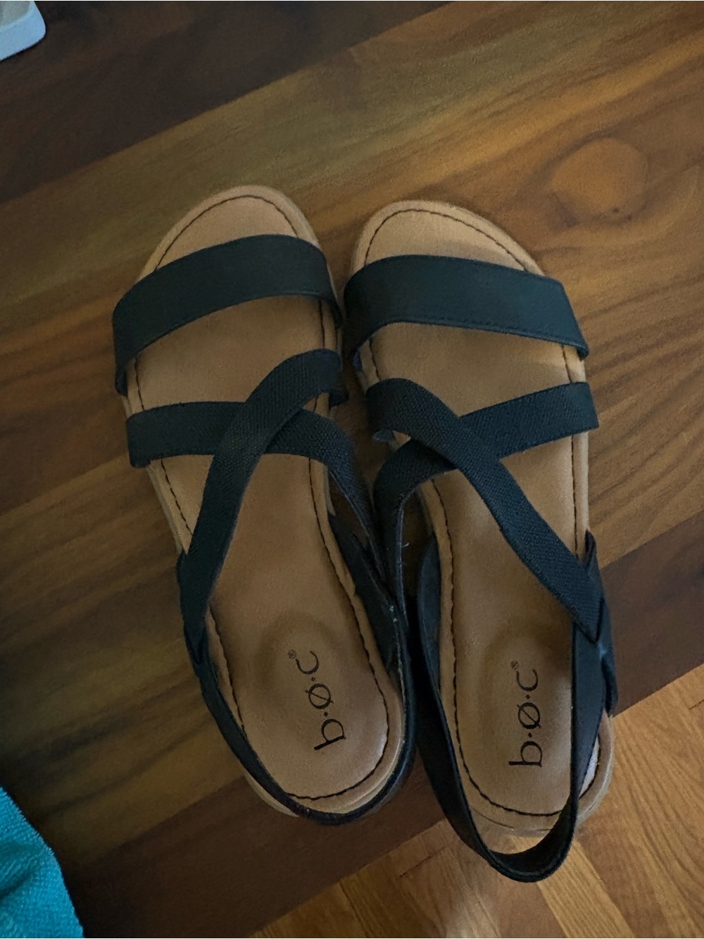 b.o.c. Black Strappy Sandals with Tan Footbed